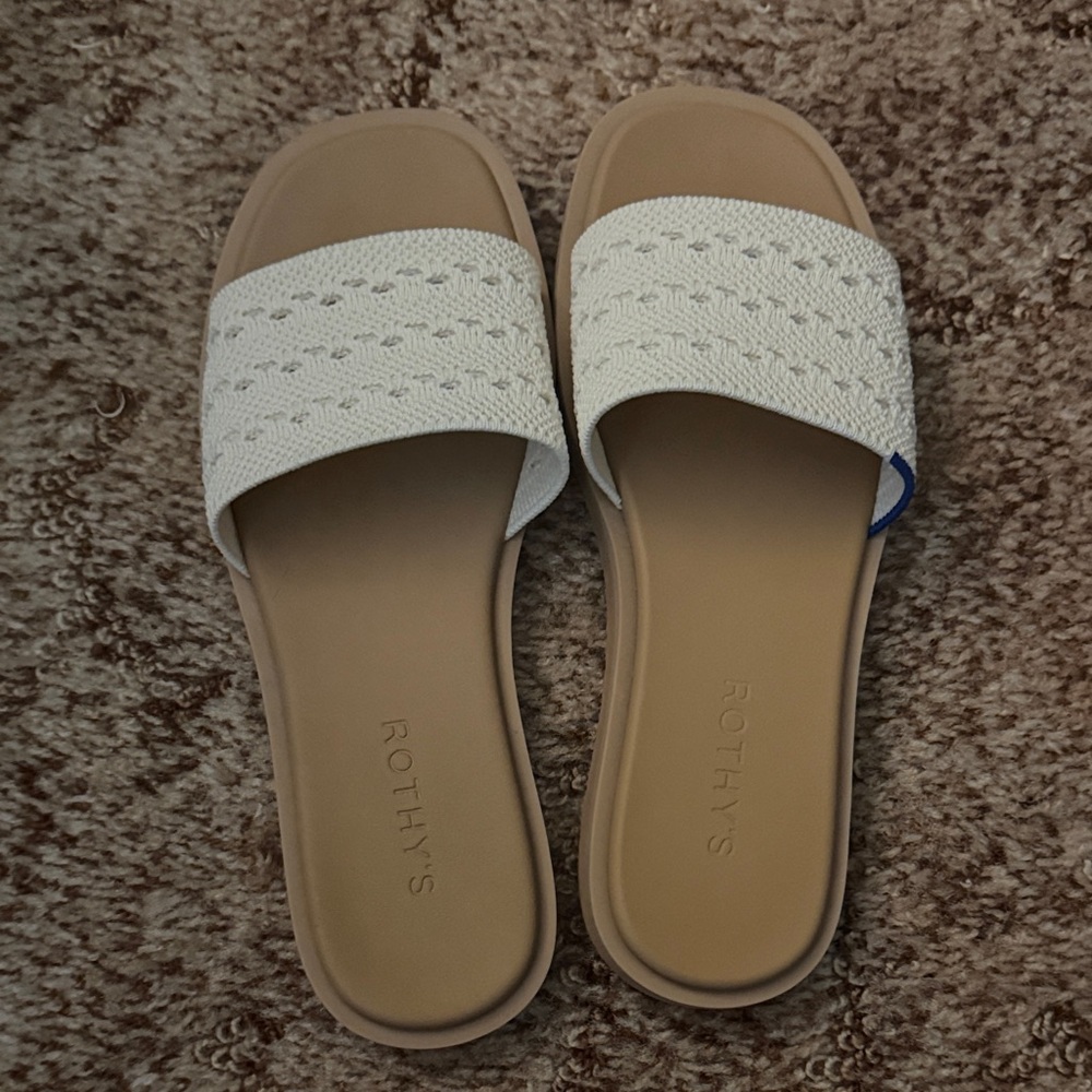 Rothy's White Knit Slide Sandals with Tan Footbed